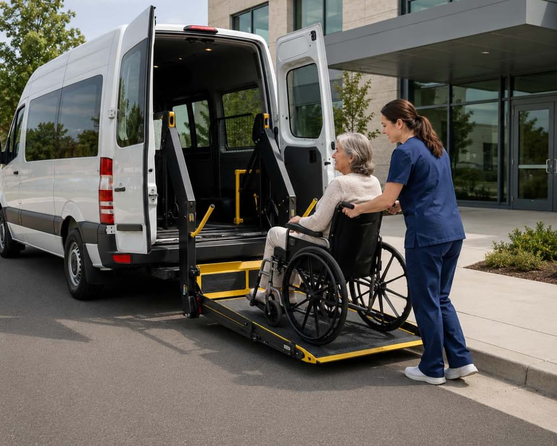 Une préposée aide une femme en fauteuil roulant à monter sur la plateforme élévatrice d'une fourgonnette adaptée, devant un établissement de soins